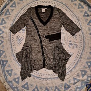 Dzhavael Couture Asymmetrical Tunic Top Blouse Medium Gray Knit Ruffle Lagenlook